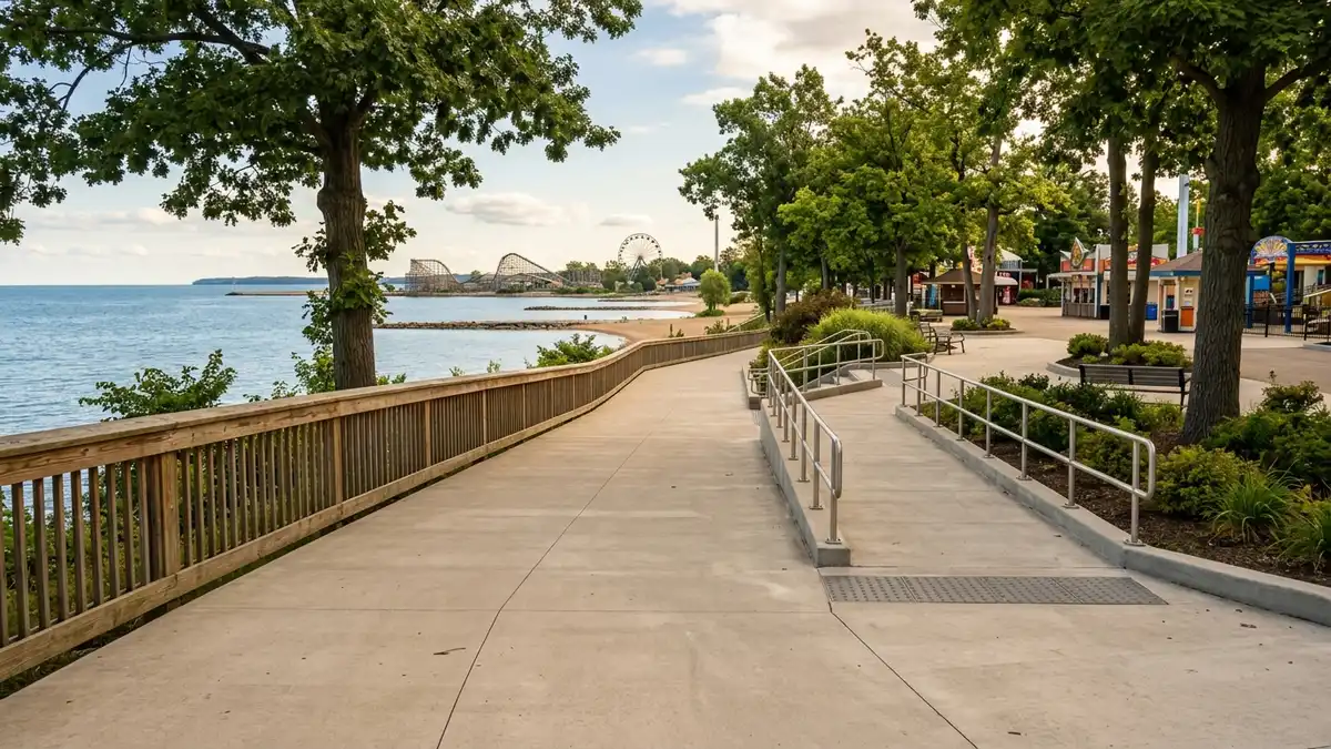 Accessible pathway with wheelchair and ECV access along the flat midway at Cedar Point Sandusky Ohio
