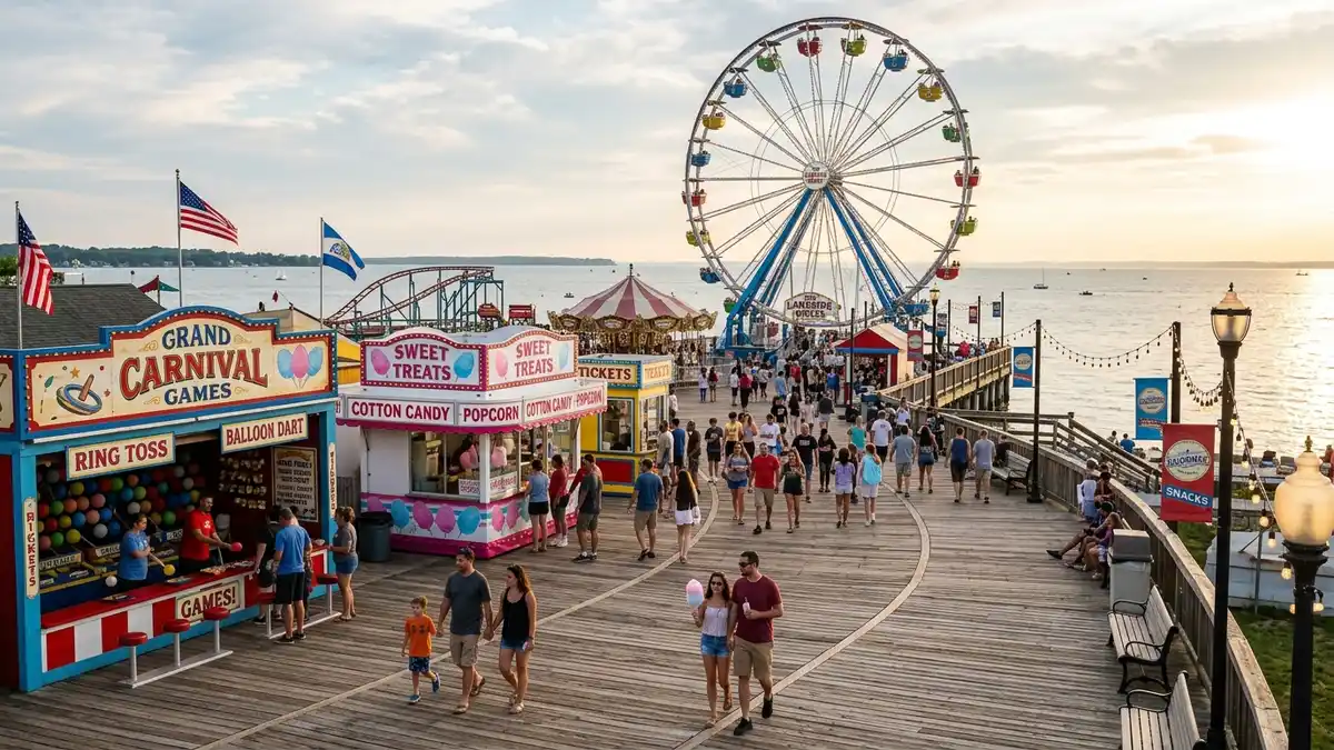 Cedar Point Boardwalk area with Windseeker ride and Lake Erie beach access in Sandusky Ohio