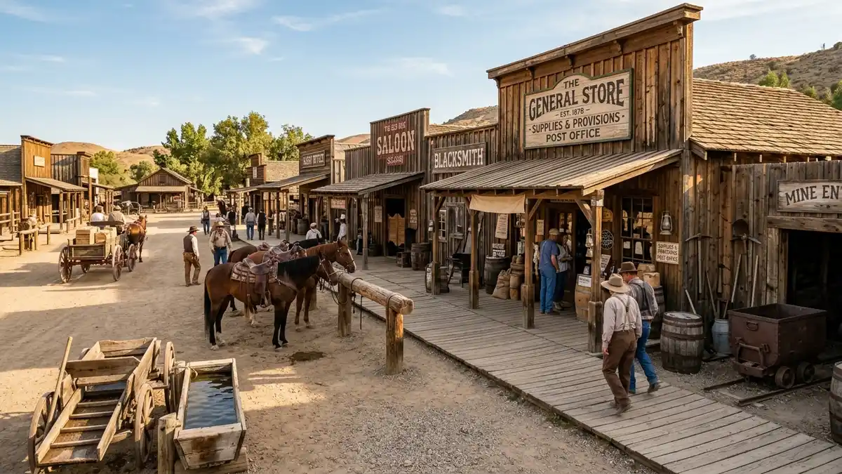Frontier Town western-themed buildings with Steel Vengeance roller coaster towering in background at Cedar Point
