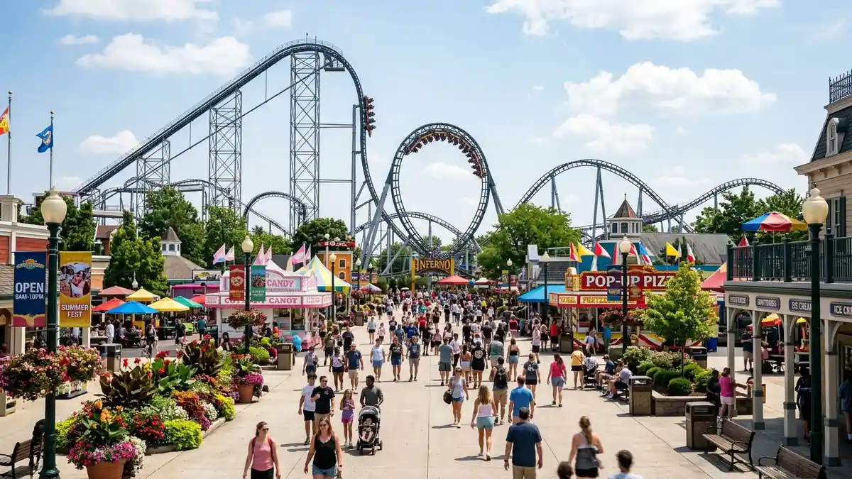 Main Midway entrance area with GateKeeper roller coaster arching over the gates at Cedar Point Sandusky Ohio