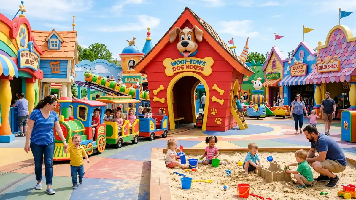 Planet Snoopy kids area with colorful rides and Peanuts theming at Cedar Point Sandusky Ohio
