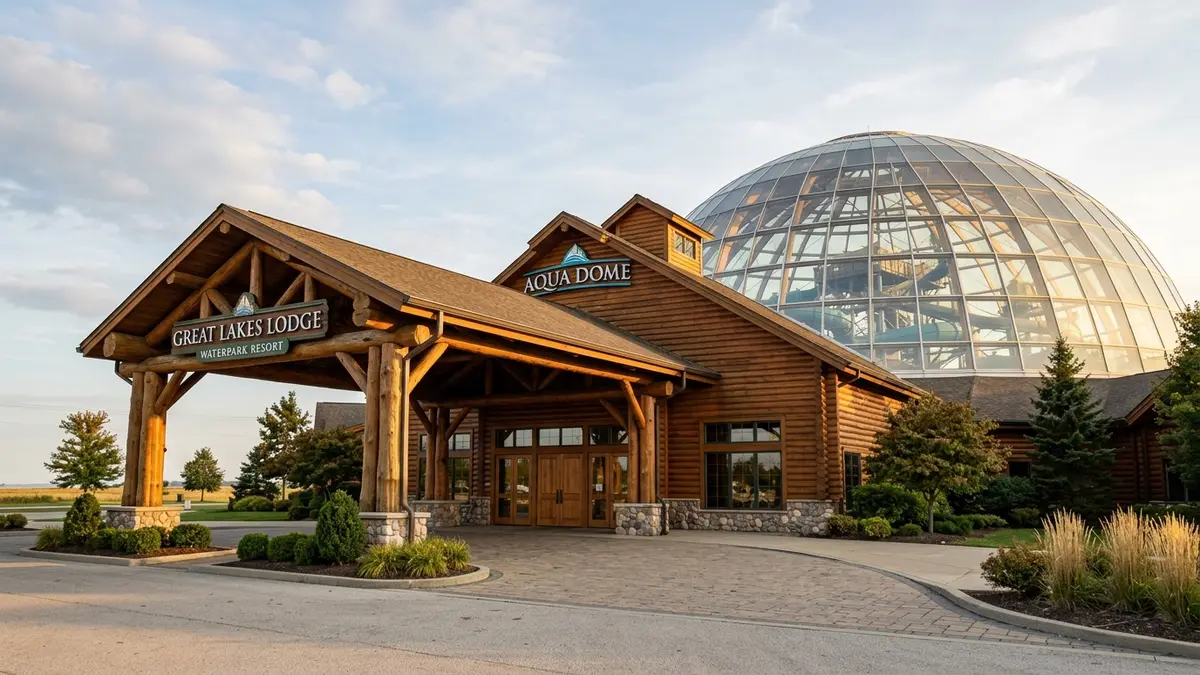 Castaway Bay indoor waterpark resort entrance with palm trees and slides near Cedar Point Sandusky