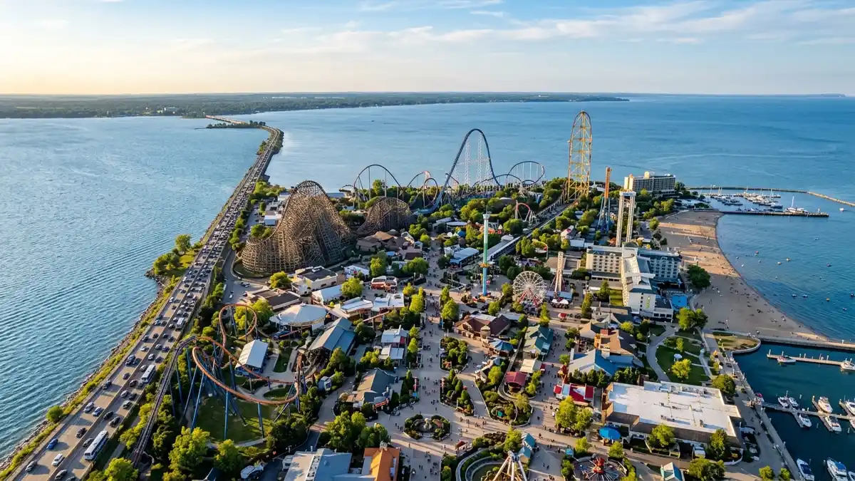 Aerial overview of Cedar Point peninsula stretching into Lake Erie showing roller coasters and midways in Sandusky Ohio