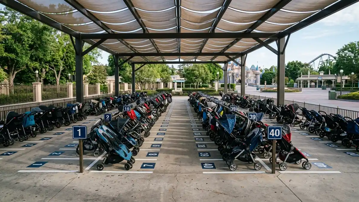 Stroller parking area near ride entrance on the Main Midway at Cedar Point Sandusky Ohio