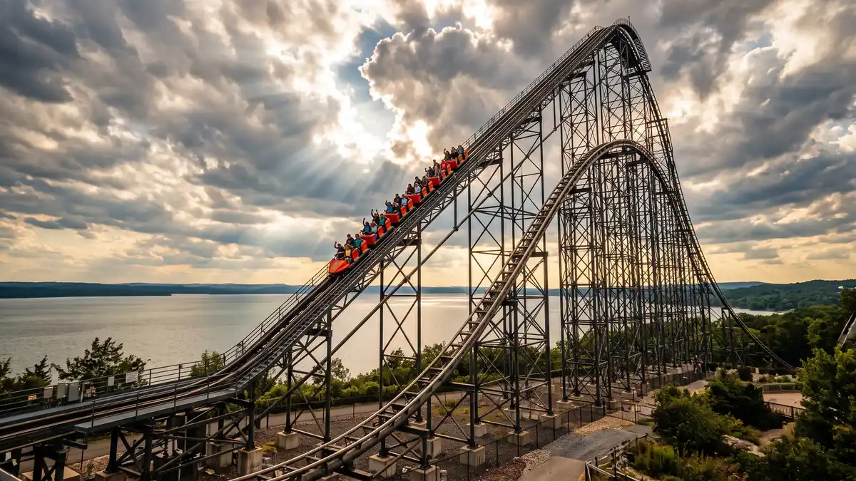 Steel Vengeance hybrid roller coaster towering over Frontier Town at Cedar Point Sandusky Ohio at golden hour