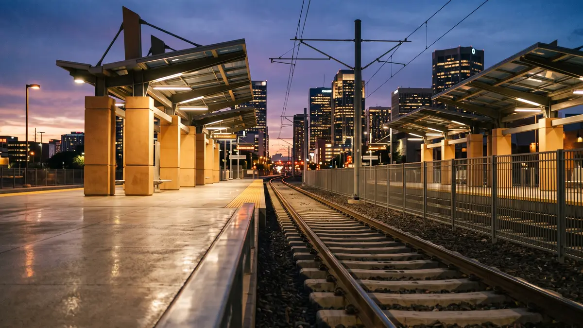 Valley Metro Light Rail train arriving at 3rd Street station near Chase Field in downtown Phoenix