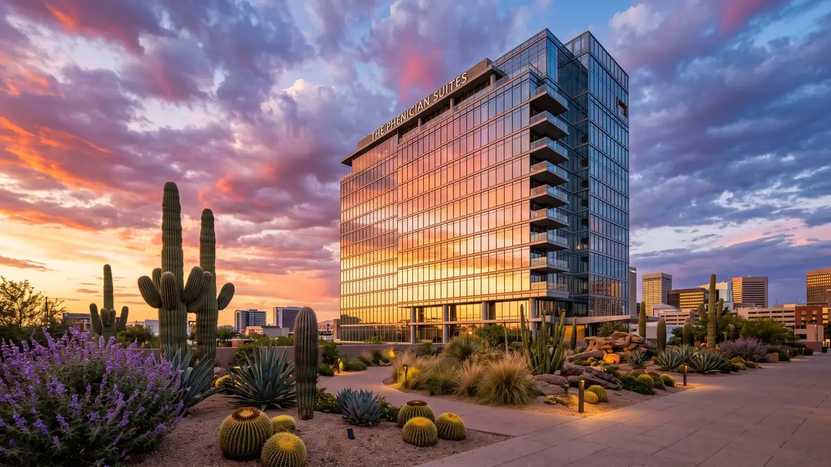 Downtown Phoenix skyline with Chase Field and nearby hotels at dusk