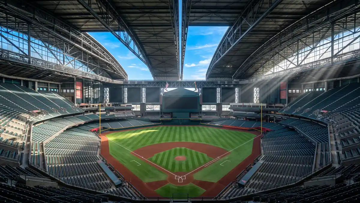 Inside Chase Field during a stadium tour showing the retractable roof mechanism and outfield pool