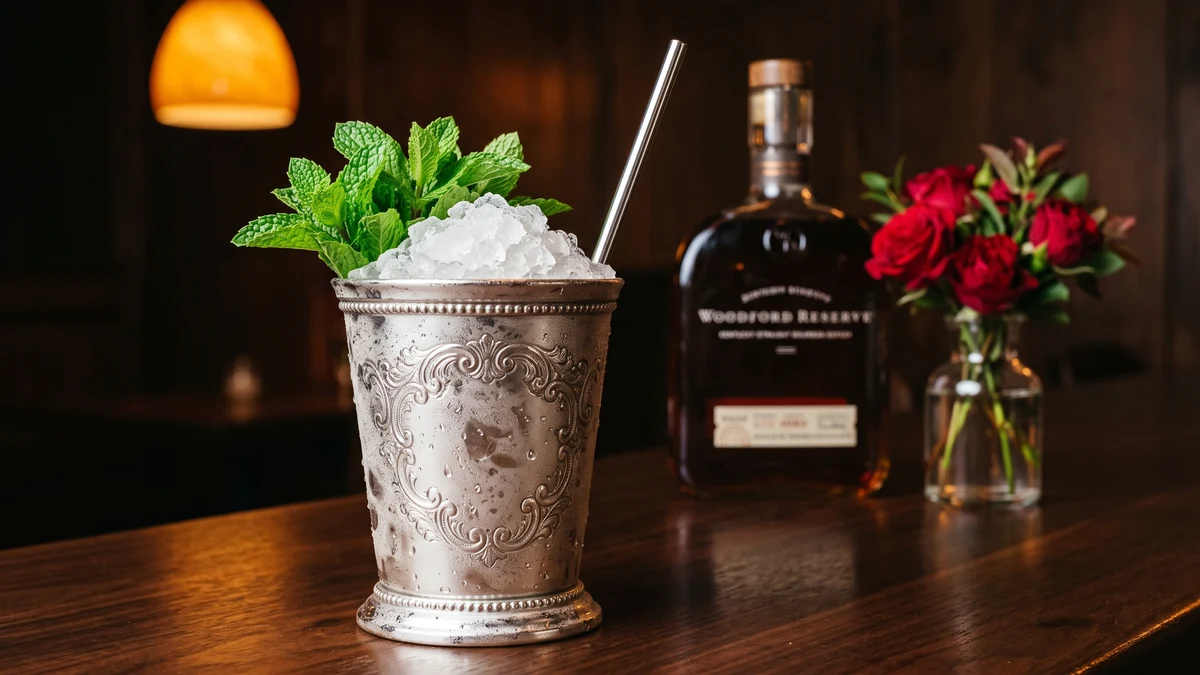 Bourbon and mint juleps at Churchill Downs Louisville Kentucky with horse racing in background
