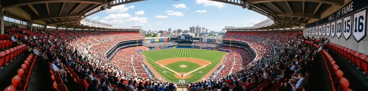 Inside Citizens Bank Park panoramic view of the baseball field from upper deck on a sunny day