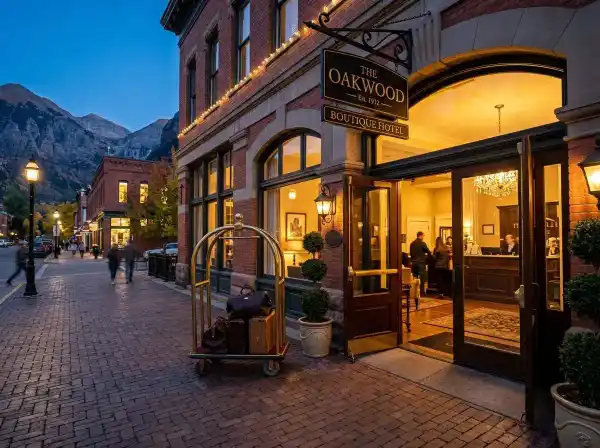 Elegant hotel entrance at dusk in Denver LoDo neighborhood