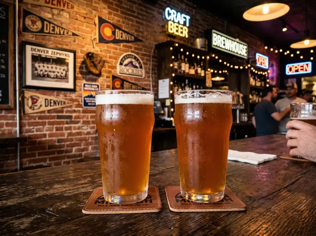 Two pints of craft beer at a Denver brewpub with Colorado Rockies memorabilia