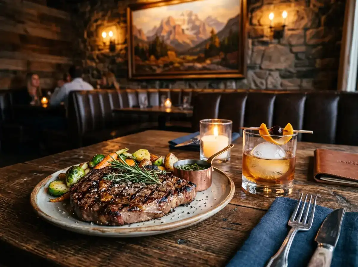 Gourmet steak dinner with craft cocktail at a Denver restaurant