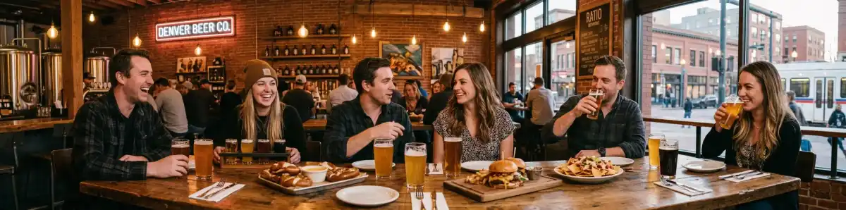 Denver brewpub scene with friends enjoying craft beers and bar food before a Colorado Rockies game
