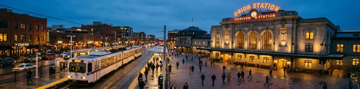 Denver Union Station at dusk with RTD light rail and pedestrians walking toward LoDo entertainment district