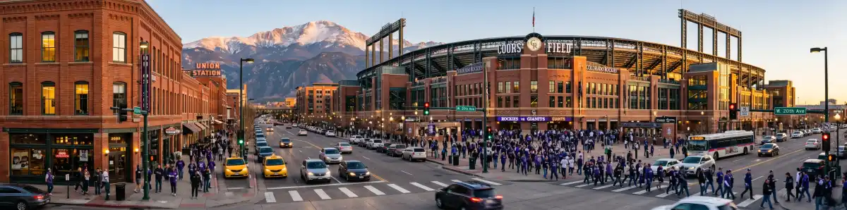 Coors Field exterior at golden hour from Blake Street with the Rocky Mountains visible in the background and fans walking toward the gates