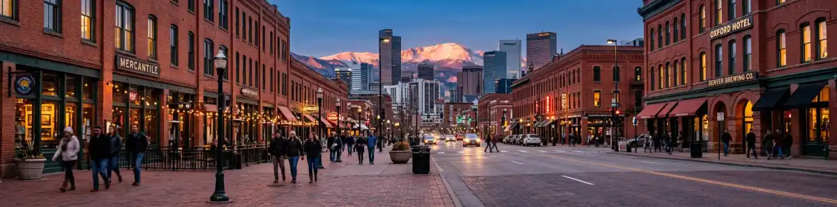 Downtown Denver LoDo skyline at dusk with historic brick buildings and modern hotels illuminated, Rocky Mountains visible