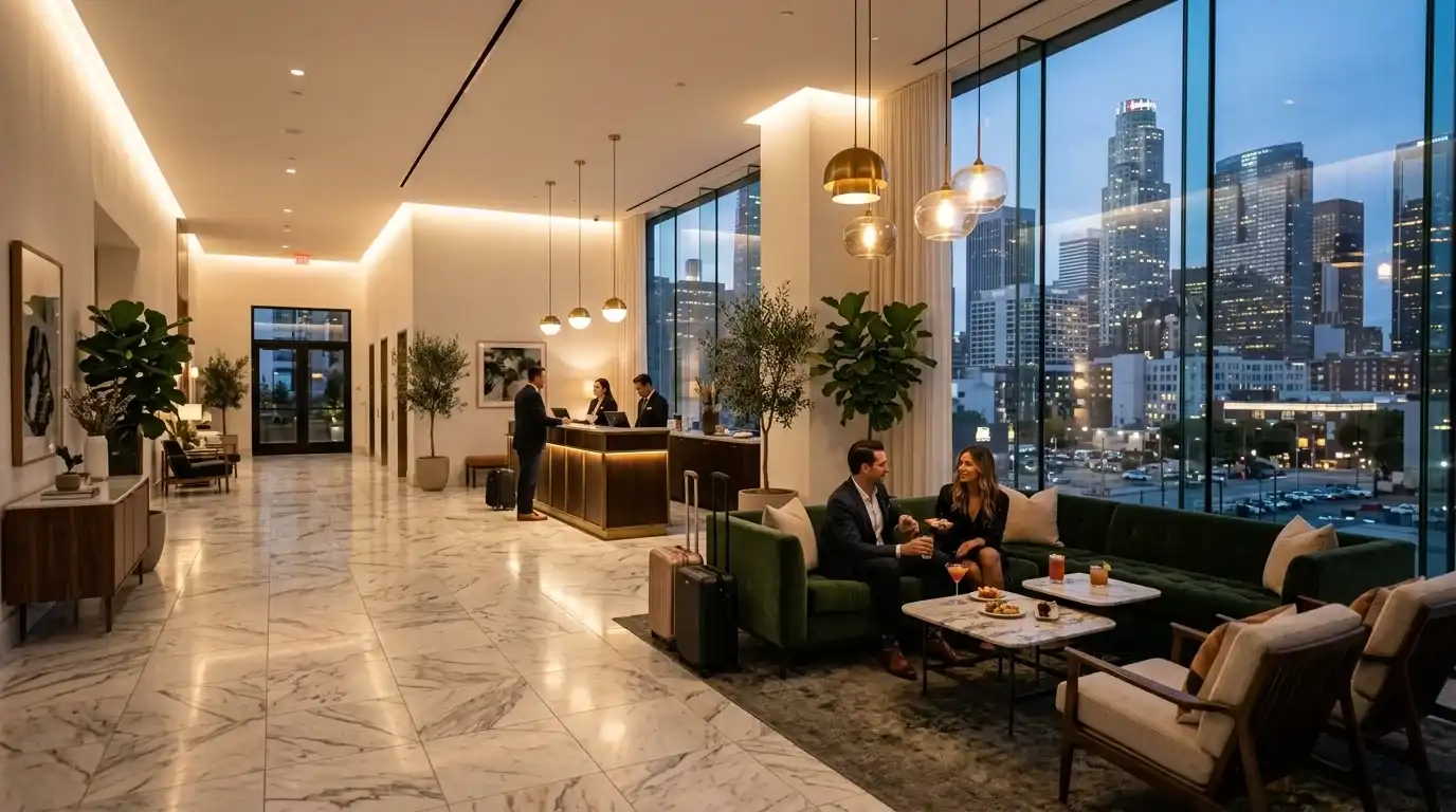 Modern hotel lobby in Downtown Los Angeles near LA Live