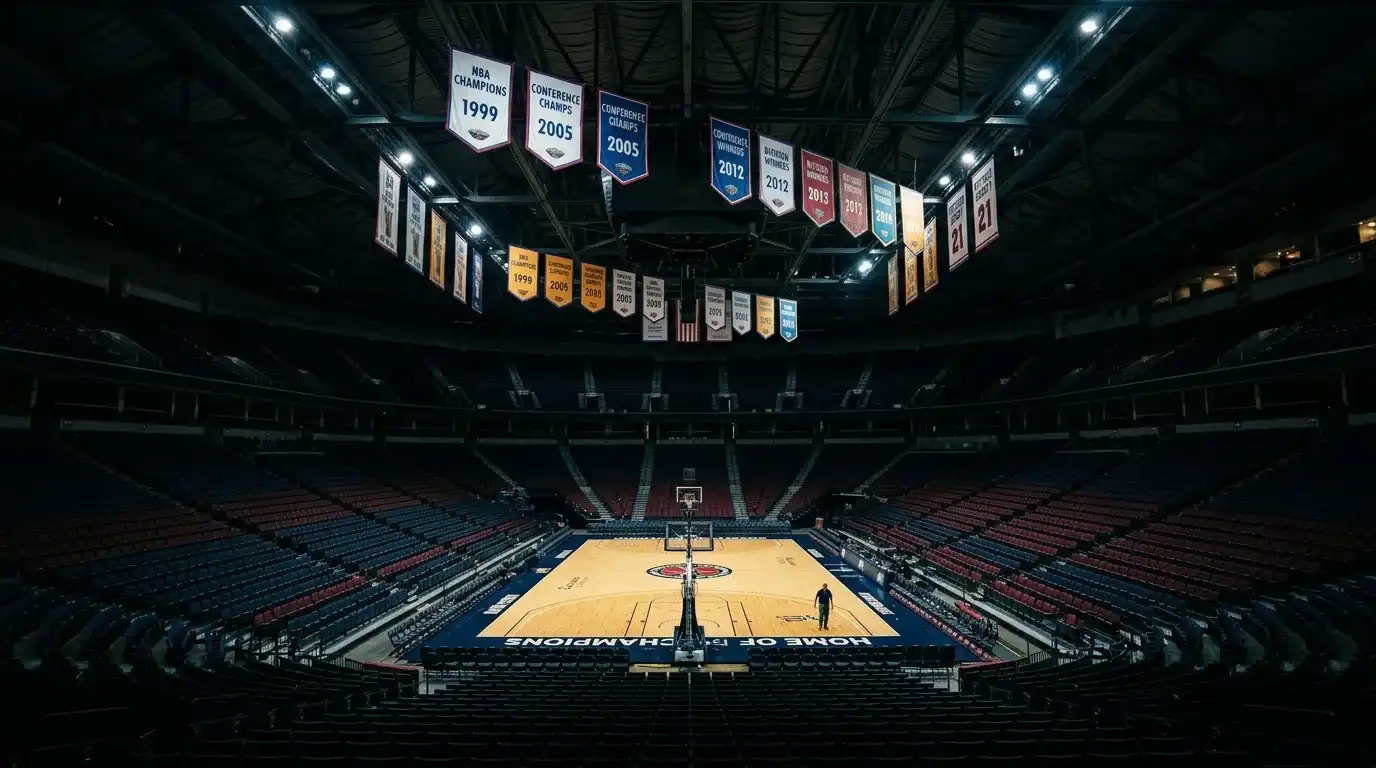 Inside Crypto.com Arena looking across the basketball court with championship banners