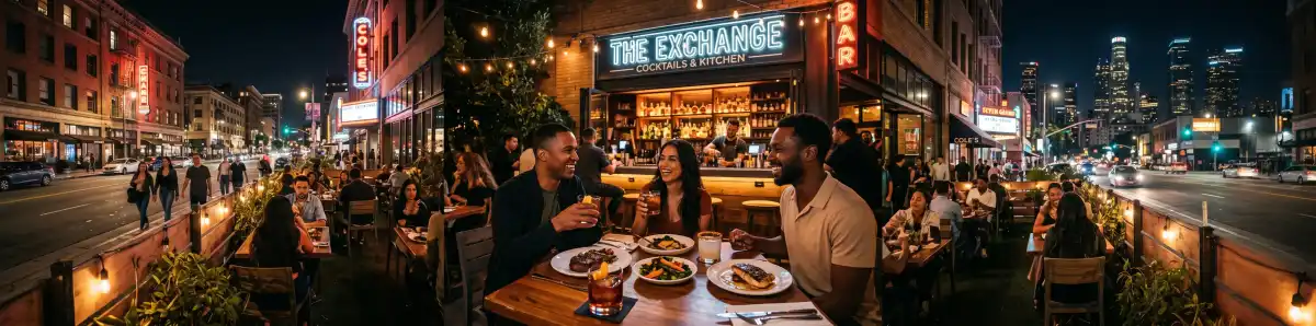 Downtown LA bar and restaurant scene at night with outdoor dining patios near LA Live
