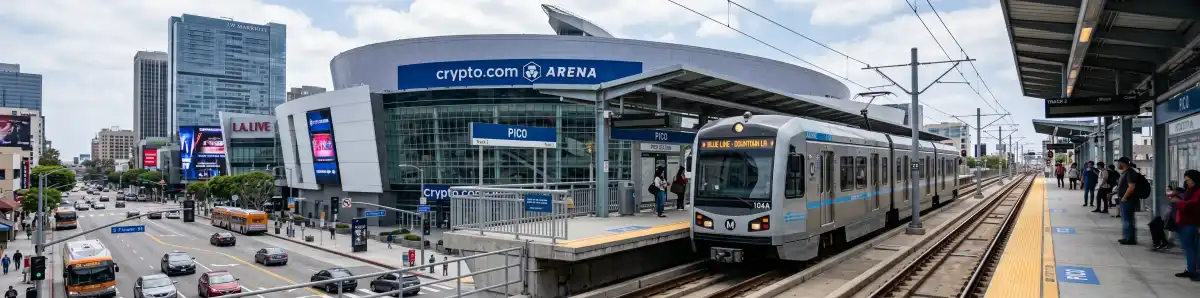 LA Metro train at Pico station near Crypto.com Arena in Downtown Los Angeles
