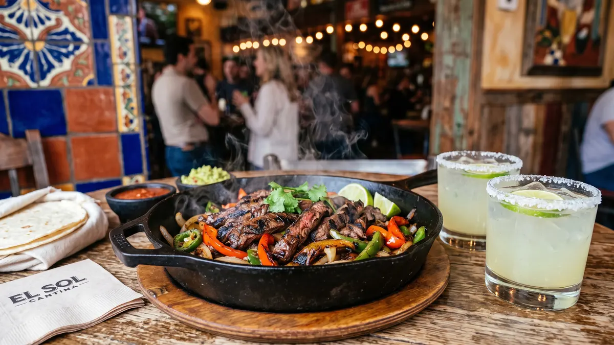Houston Tex-Mex food spread with fajitas, nachos, and margaritas near Daikin Park