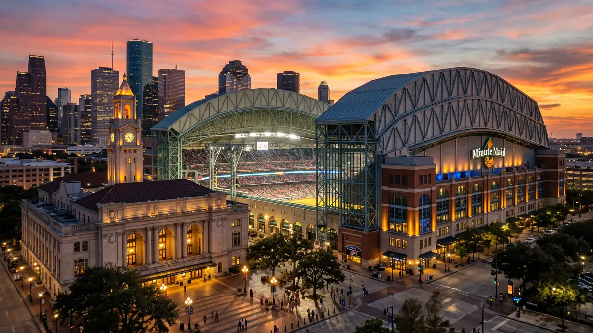 Daikin Park in Houston at sunset with the retractable roof open and the downtown skyline visible beyond the outfield