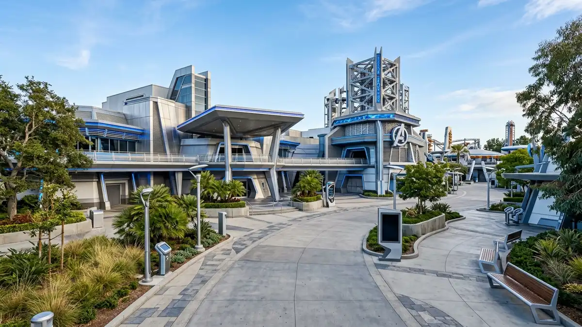 Avengers Campus entrance with WEB SLINGERS building and Guardians of the Galaxy tower at Disney California Adventure