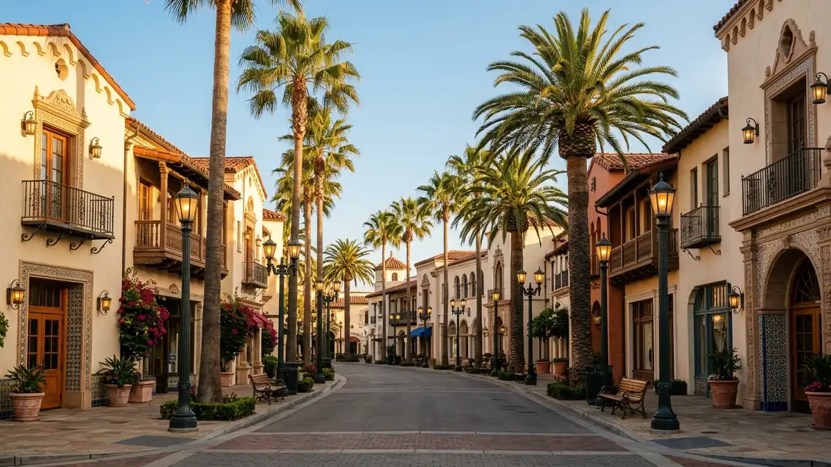 Buena Vista Street with 1920s Hollywood architecture and Carthay Circle Theatre at Disney California Adventure Anaheim
