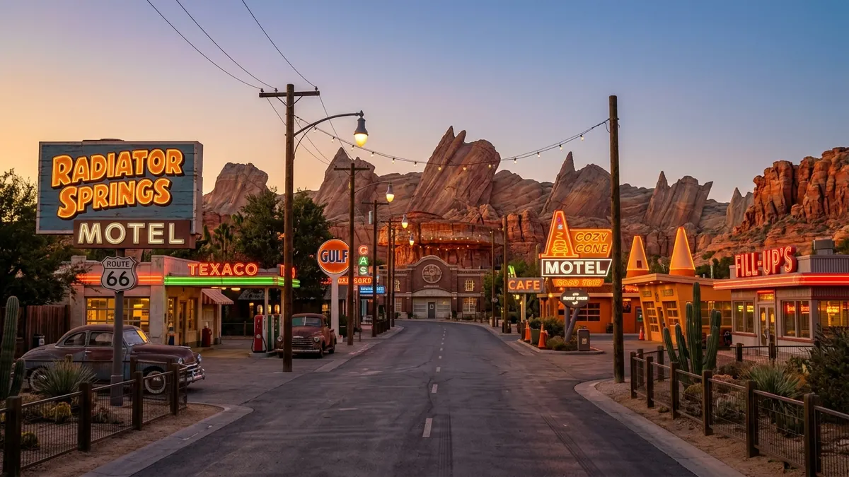 Cars Land at night with neon signs glowing along Route 66 and Radiator Springs mountain in background at Disney California Adventure