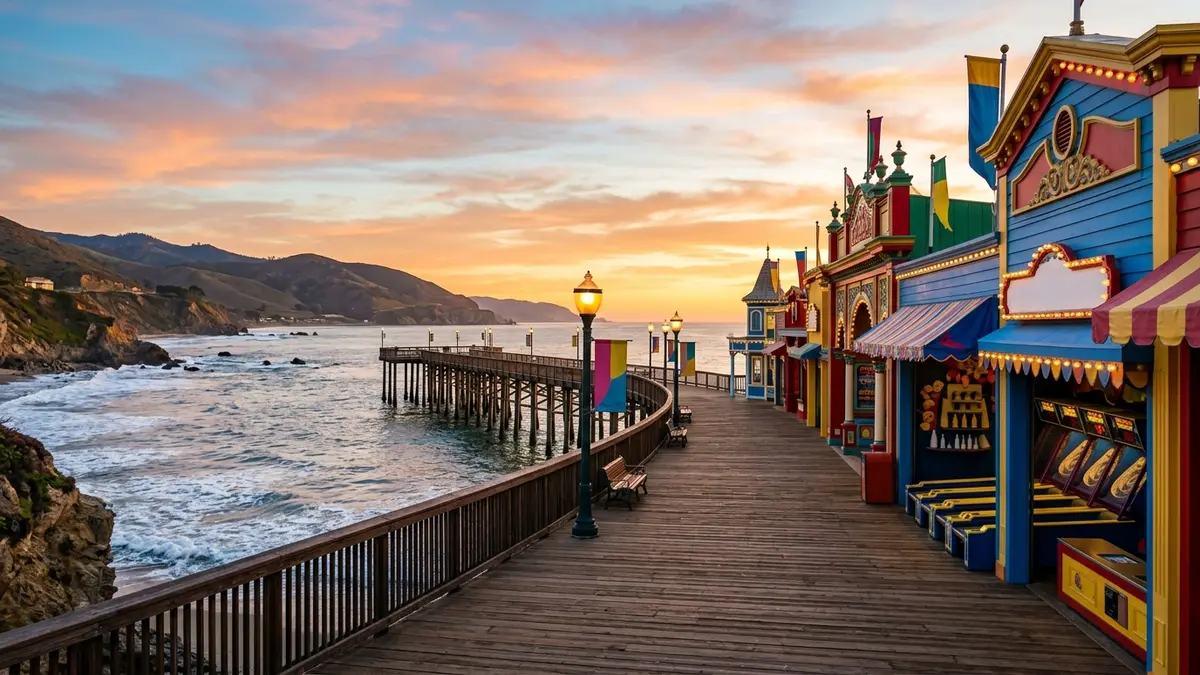 Pixar Pier boardwalk with Incredicoaster looping over the water and colorful game booths at Disney California Adventure