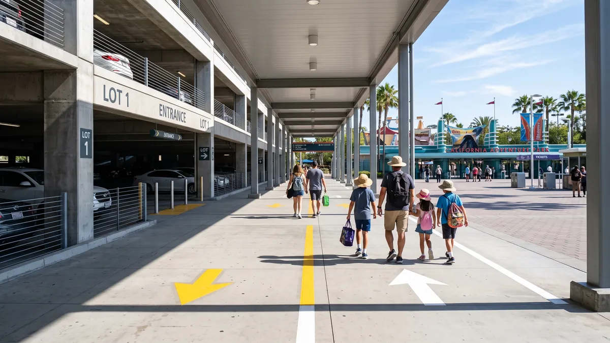Disneyland Resort esplanade entrance area with tram loading and parking structures visible near Disney California Adventure Anaheim