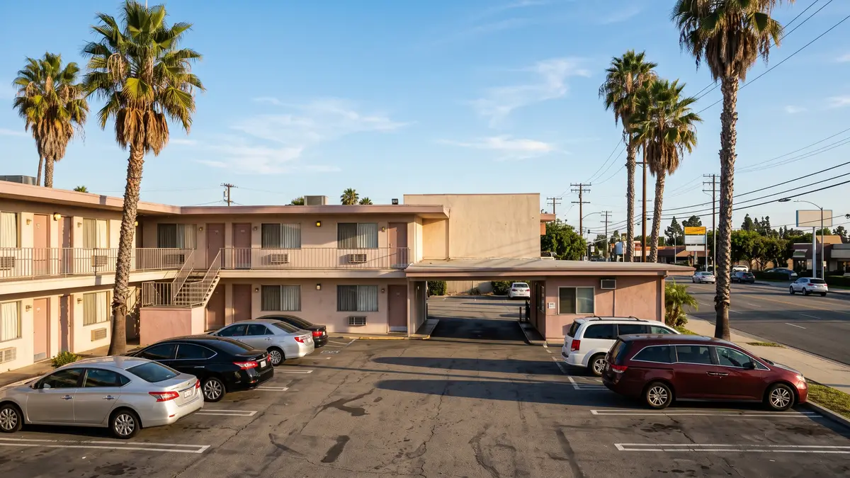 Desert Palms Hotel exterior with tropical pool area and affordable family rooms near Disney California Adventure Anaheim