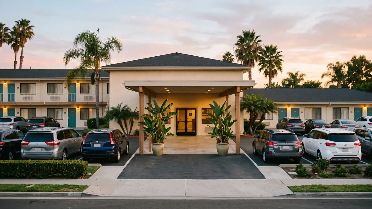 Tropicana Inn and Suites exterior with pool near Disneyland Resort and Disney California Adventure Anaheim