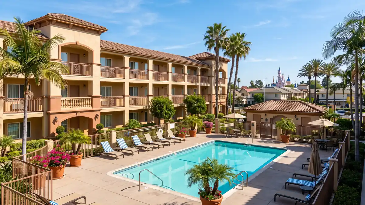 Courtyard by Marriott Anaheim Theme Park Entrance exterior with pool and shuttle area near Disney California Adventure