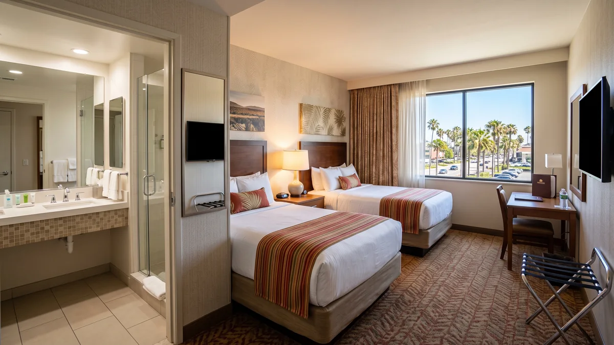 Hyatt Regency Orange County exterior with resort pool and family amenities near Disney California Adventure Anaheim