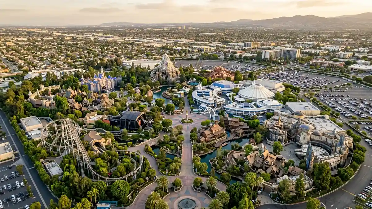 Overhead view of Disney California Adventure park layout showing themed lands and pathways in Anaheim California