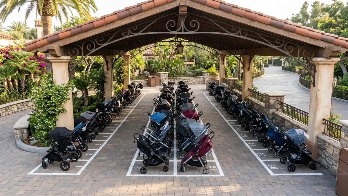 Stroller parking area near ride entrance with organized rows at Disney California Adventure Anaheim