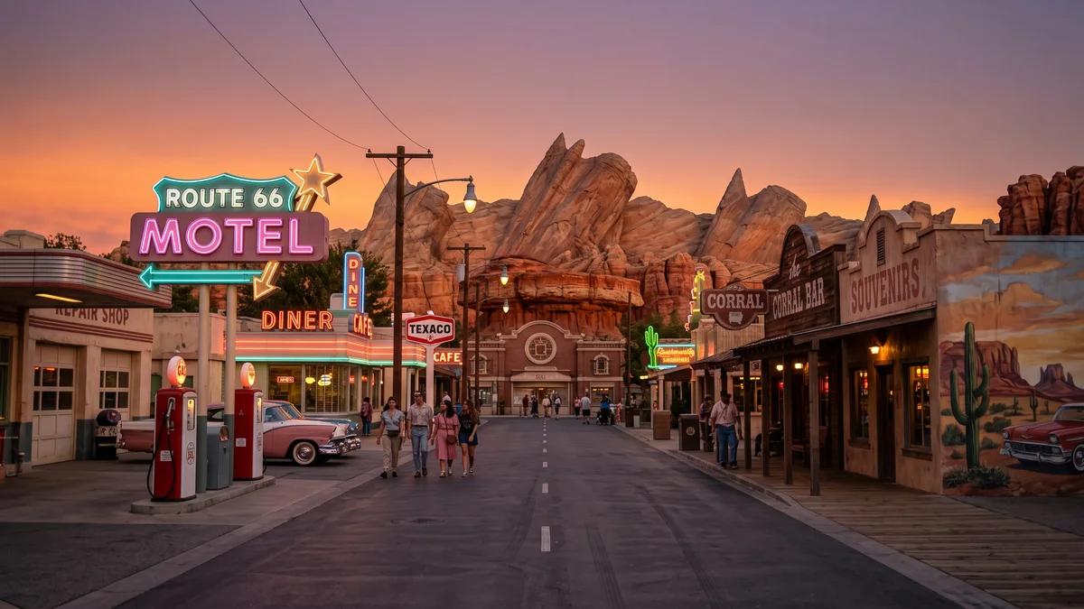 Radiator Springs Racers ride vehicles racing through Cars Land at night with neon lights at Disney California Adventure Anaheim