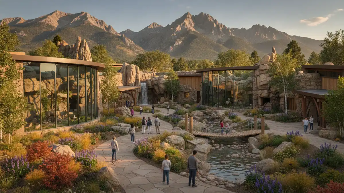 Denver Zoo Welcome Plaza entrance with families and Conservation Carousel in City Park Colorado