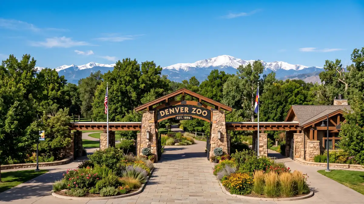 Denver Zoo entrance in City Park with Rocky Mountain foothills visible and families walking toward exhibits Denver Colorado