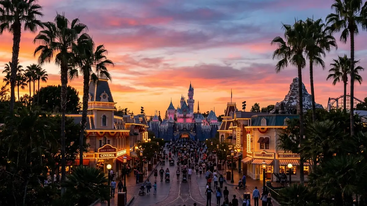 Families enjoying rides at Disneyland Park with Sleeping Beauty Castle in the background