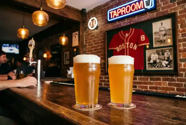 Craft beer flight at a Los Angeles sports bar with Dodger blue decor