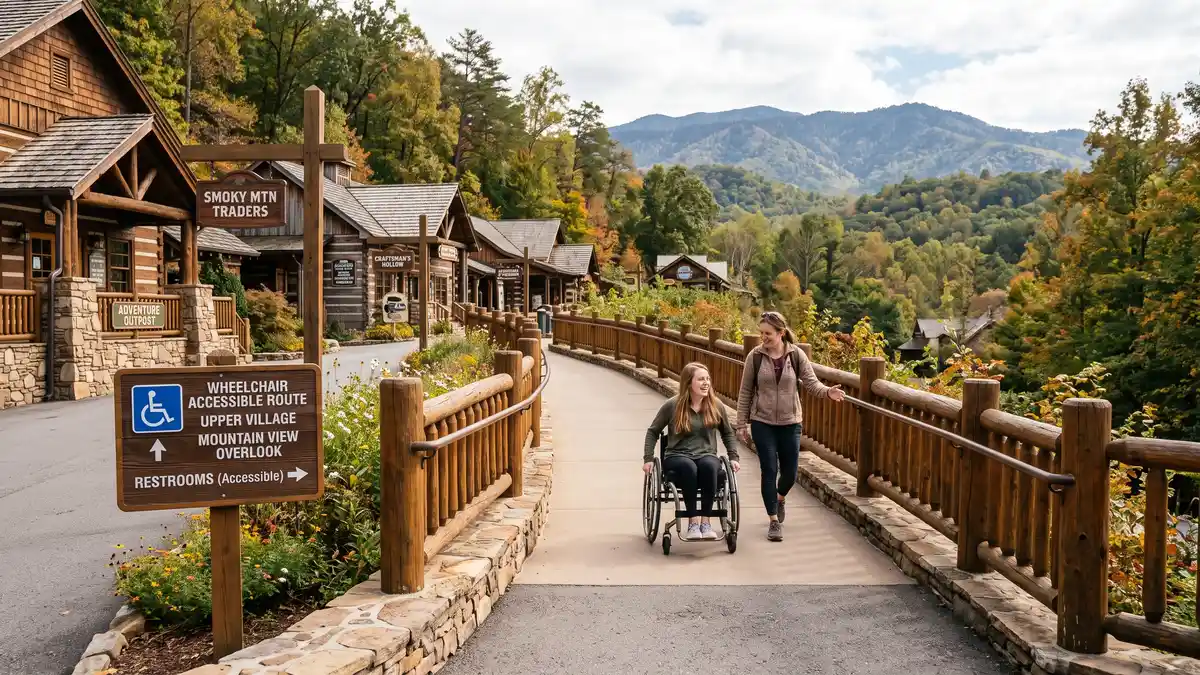 Accessible pathway with ramp and railing on the hillside terrain at Dollywood Pigeon Forge Tennessee