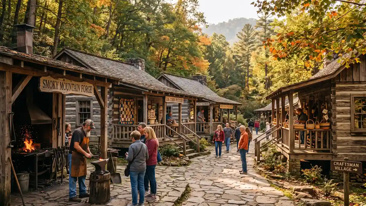 Craftsman's Valley artisan workshop buildings with Tennessee Tornado coaster and Grist Mill at Dollywood