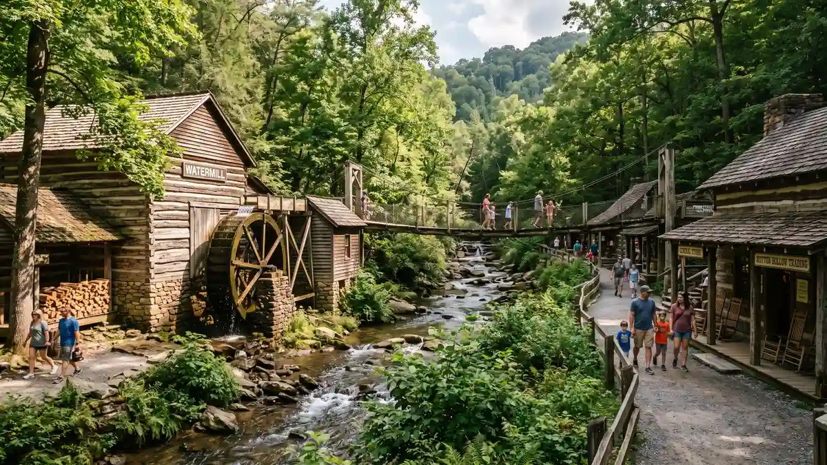 Rivertown Junction themed area with Smoky Mountain River Rampage ride and rustic buildings at Dollywood