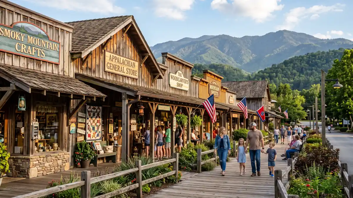 Showstreet entrance plaza with shops and Smoky Mountain backdrop at Dollywood Pigeon Forge Tennessee