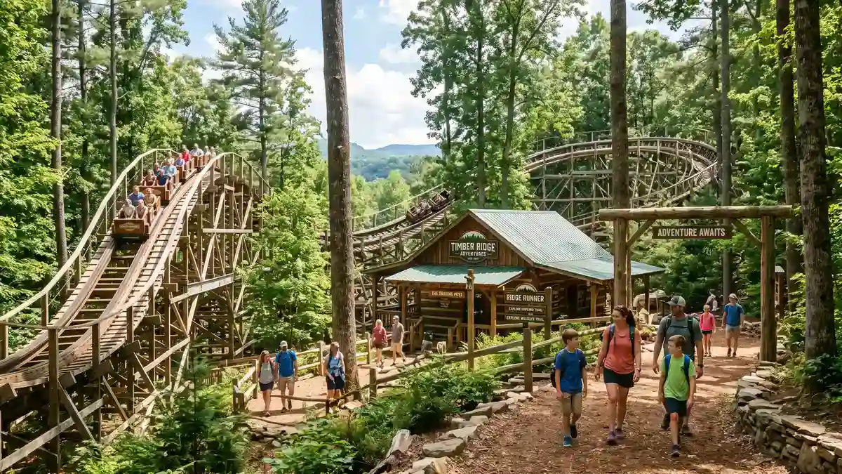 Wildwood Grove family area with the illuminated Wildwood Tree and Dragonflier coaster at Dollywood Pigeon Forge