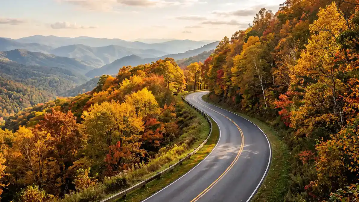 Dollywood Parks Boulevard entrance road with Smoky Mountain foothills and park signs in Pigeon Forge Tennessee