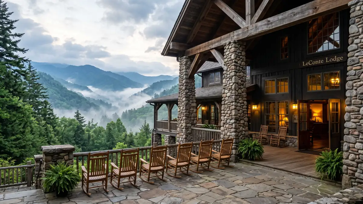 DreamMore Resort by Dollywood luxury pool area with rocking chairs and Great Smoky Mountain views in Pigeon Forge Tennessee